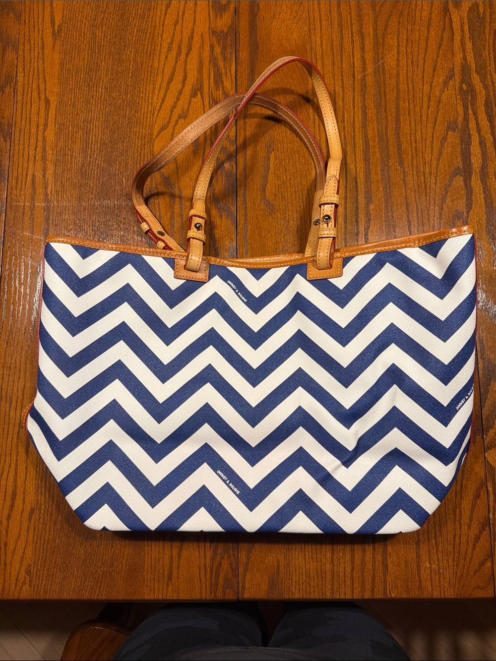 Dooney & Bourke Navy and Cream Chevron Tote with Leather Trim - Picture 4 of 8